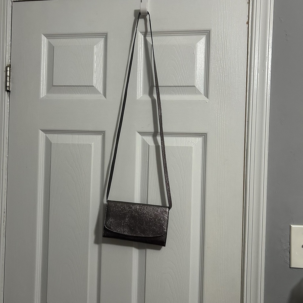 Metallic Pewter Leather Crossbody Wallet Purse with Long Strap